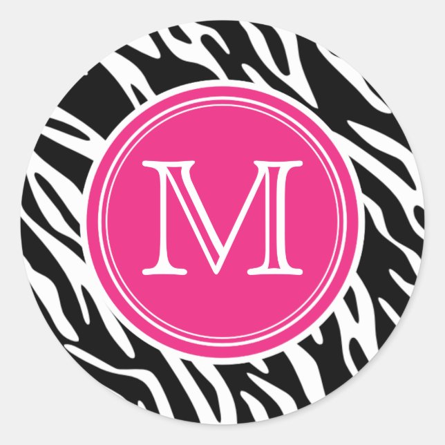 Rosa und schwarz Zebra Print Monogram Round Sticke Runder Aufkleber (Vorderseite)