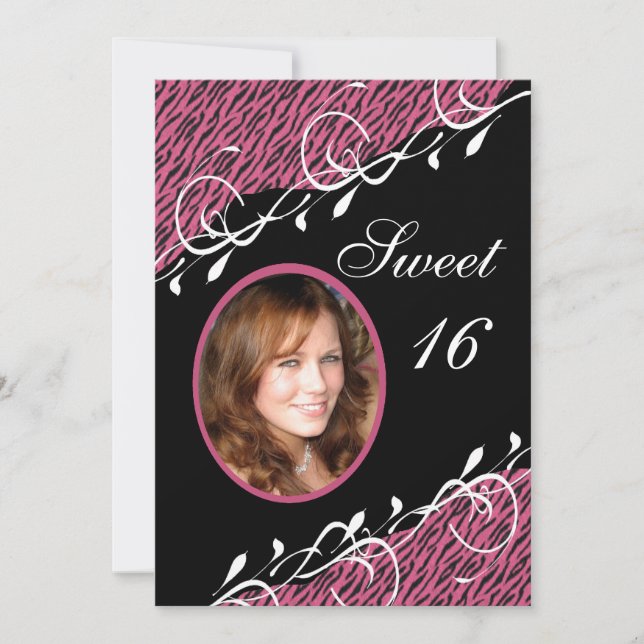 Rosa und Schwarz Zebra Print Sweet 16 Einladung (Vorderseite)