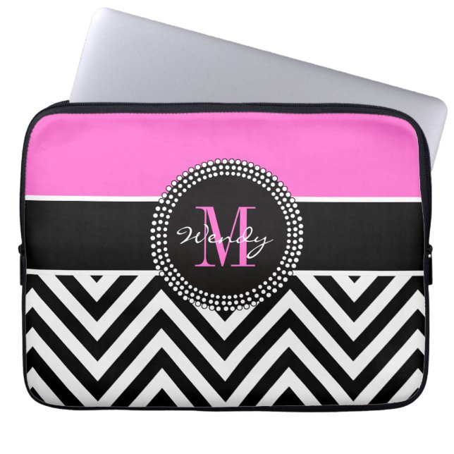 Rosa-und Schwarz-Zickzack Monogramm elegant Laptopschutzhülle (Vorderseite)