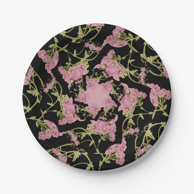 Rosa und schwarze Achillea Fraktal Art Pappteller (Vorderseite)