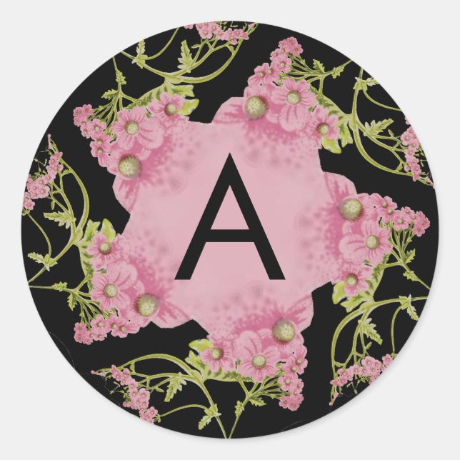 Rosa und schwarze Achillea Monogram Runder Aufkleber (Vorderseite)