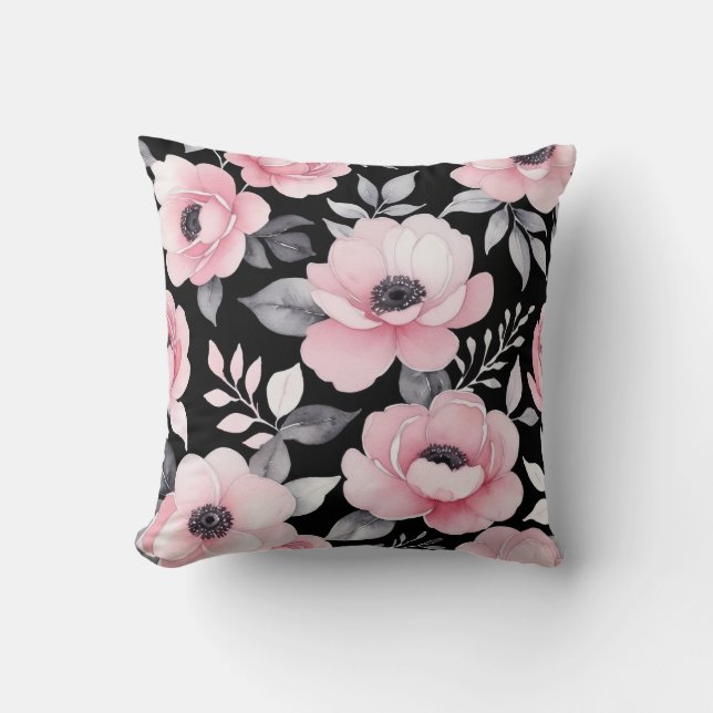 Rosa und schwarze Blumenkunst Kissen (Vorderseite)