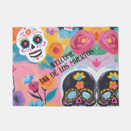 Rosa und schwarze Blütendia de Muertos Fußmatte