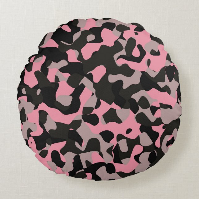 Rosa und schwarze Camouflage Rundes Kissen (Vorderseite)