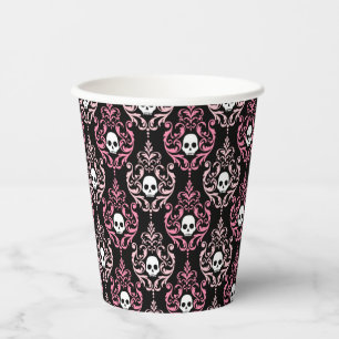 Rosa und schwarze Damaskus mit Skullen   Halloween Pappbecher