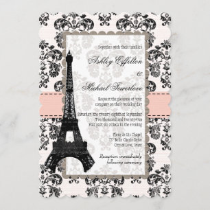 Rosa und schwarze Damast-Eiffelturm-Hochzeit Einladung
