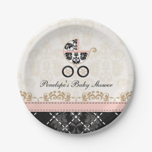 Rosa und schwarze Damast-Wagen-Babyparty Pappteller