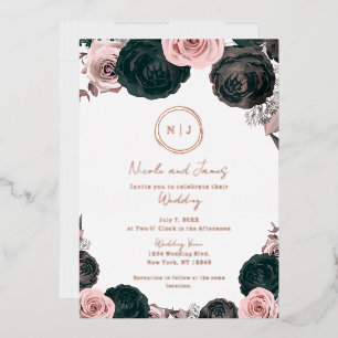 Rosa und schwarze florale Glam moderne Hochzeitsfo Folieneinladung