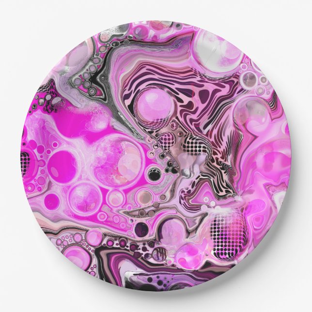 Rosa und schwarze Flüssigkeits-Kunst Pour Painting Pappteller (Vorderseite)