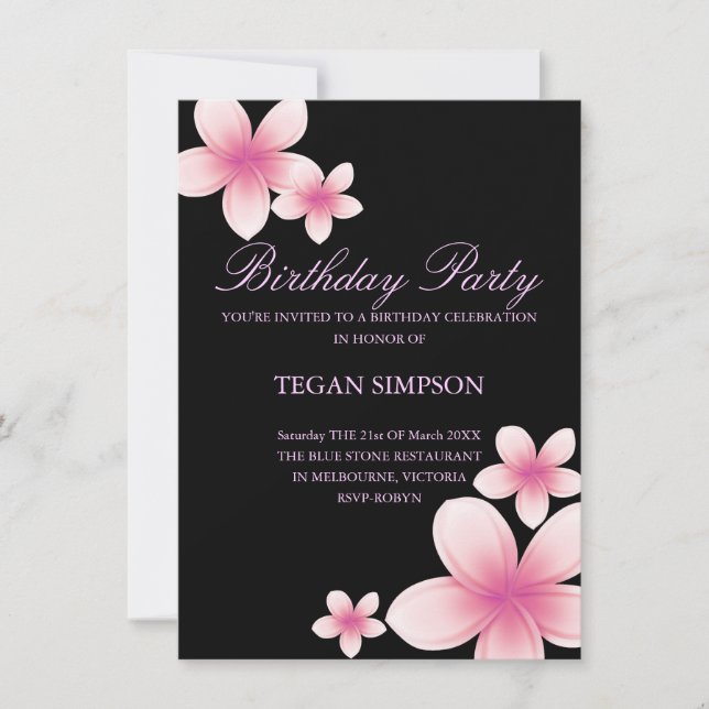 Rosa und schwarze Frangipani zum Geburtstag einlad Einladung (Vorderseite)
