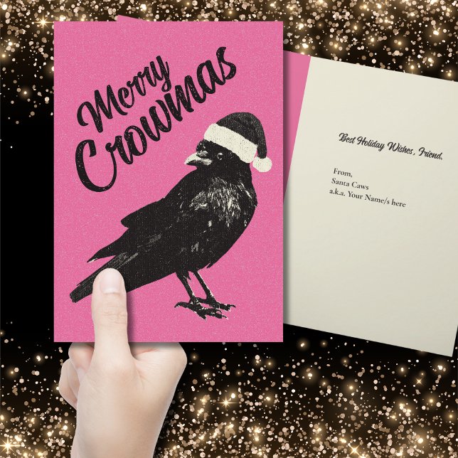 Rosa und schwarze fröhliche Weihnachtskarten Feiertagskarte (Gothic Christmas vibes make your holiday greeting card stand out with this black and pink crow card.)