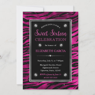 Rosa und schwarze Glitter-Tigerstreifen Sweet Sixt Einladung