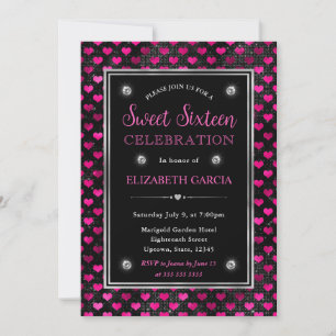 Rosa und schwarze Glitzer-Herzen Sweet Sixteen Einladung