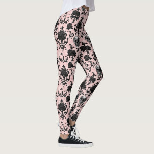 Rosa und schwarze gotische Totenköpfe und Rosen  Leggings
