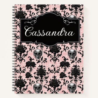 Rosa und schwarze gotische Totenköpfe und Rosen Pe Notizbuch
