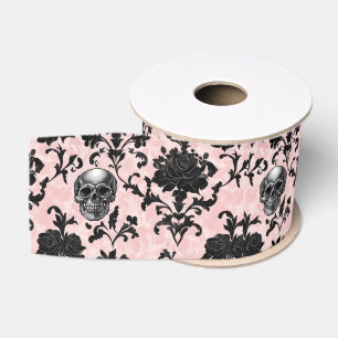 Rosa und schwarze gotische Totenköpfe und Rosen Ripsband