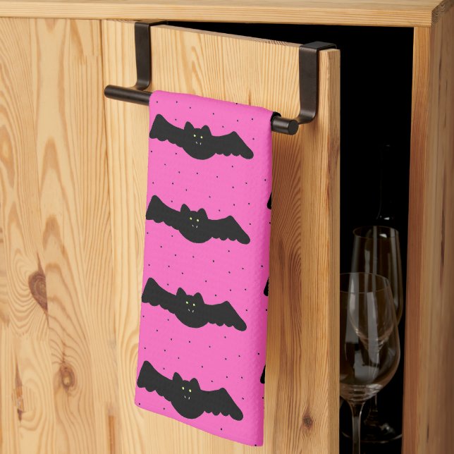 Rosa und schwarze Halloween-Fledermäuse Geschirrtuch (Drittel gefaltet)