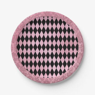 Rosa und schwarze Harlequin und Damask Pappteller