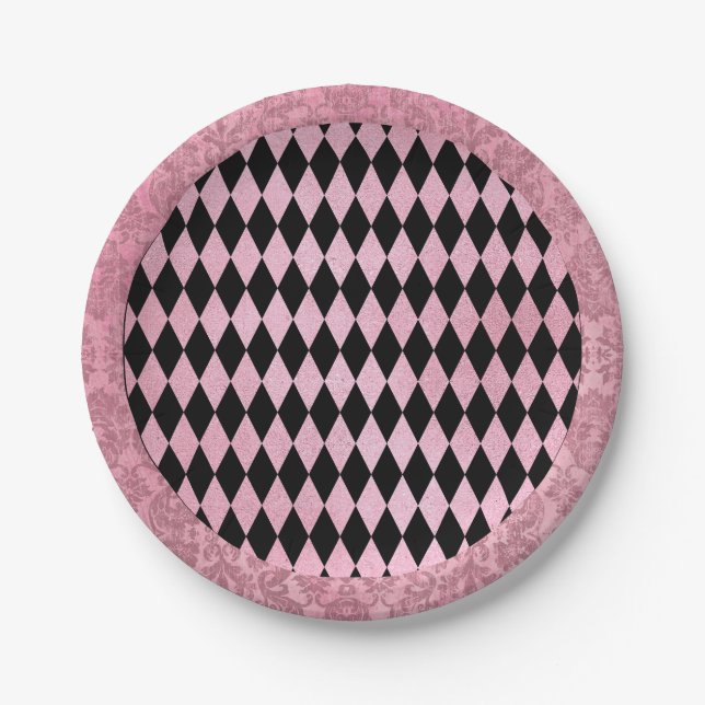 Rosa und schwarze Harlequin und Damask Pappteller (Vorderseite)
