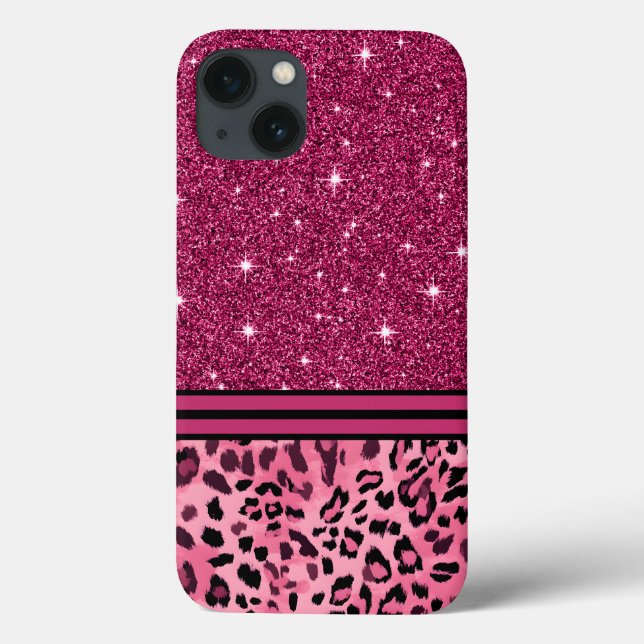 Rosa und schwarze Imitate Glitzer Leopard Case-Mate iPhone Hülle (Rückseite)