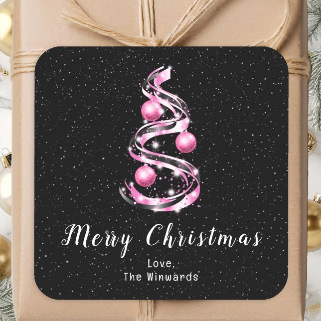 Rosa und schwarze Ornamente Frohe Weihnachten Quadratischer Aufkleber (Von Creator hochgeladen)