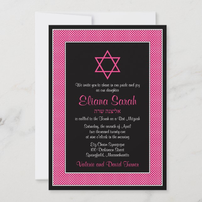 Rosa und schwarze Polka Dot Bat Mitzvah Einladung (Vorderseite)