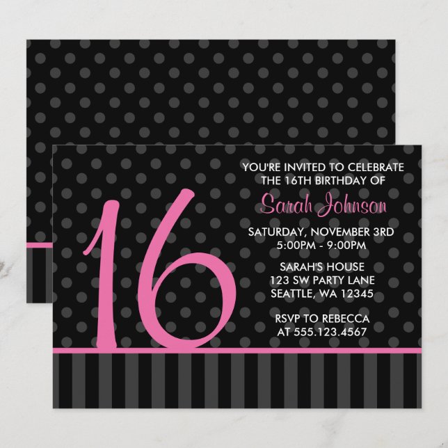 Rosa und schwarze Polka Dot Stripes Sweet 16 Gebur Einladung (Vorne/Hinten)