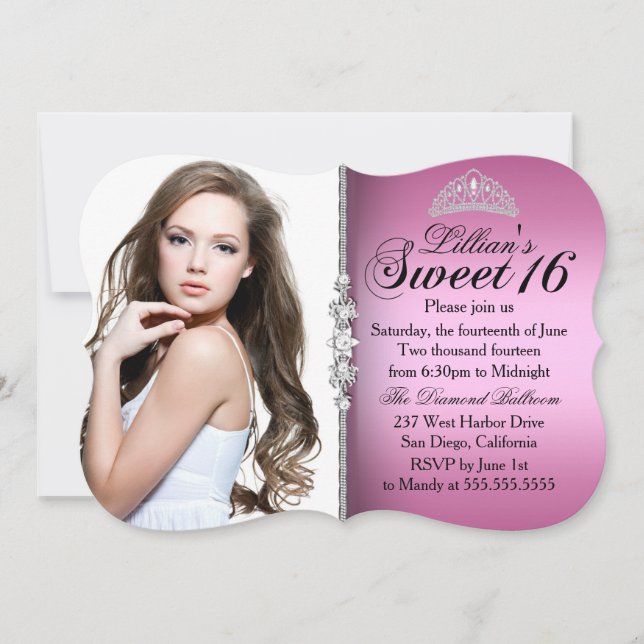 Rosa und Schwarze Prinzessin Tiara Sweet 16 Geburt Einladung (Vorderseite)