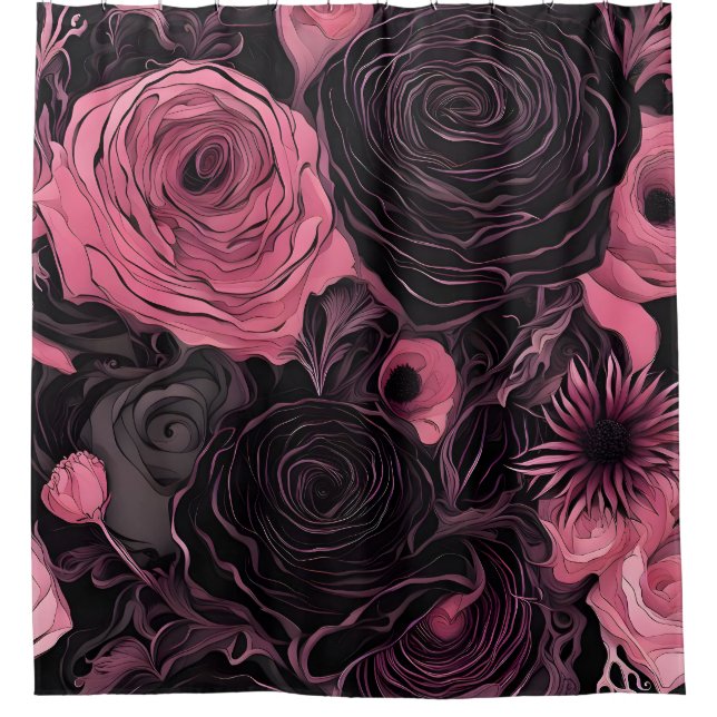Rosa und schwarze Rose Duschvorhang (Vorderseite)