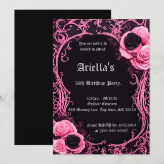 Rosa und schwarze Rose Gerahmt Sweet 16 Birthday Einladung