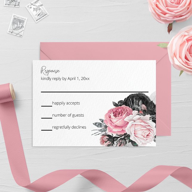 Rosa und schwarze Rose Hochzeitskarte RSVP (Von Creator hochgeladen)