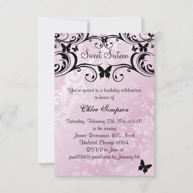 Rosa und schwarze Schmetterlinge & Blume Sweet16 E Einladung (Vorderseite)