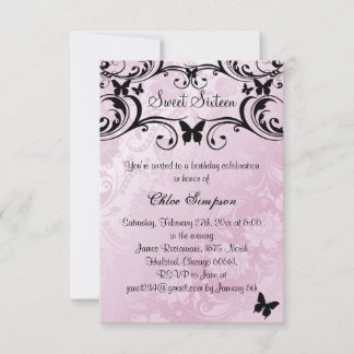 Rosa und schwarze Schmetterlinge & Blume Sweet16 E Einladung