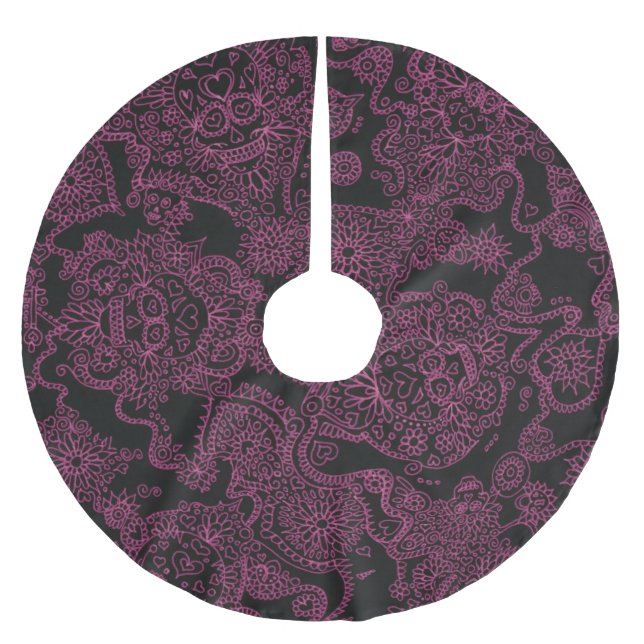 Rosa und schwarze Skulls Gotische Weihnachtsbaumro Polyester Weihnachtsbaumdecke (Vorderseite)