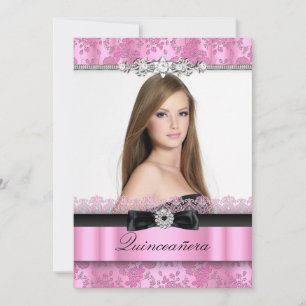 Rosa und schwarze Spitze Foto Quinceanera Einladun Einladung