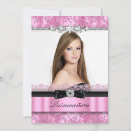Rosa und schwarze Spitzen Foto Quinceanera Einladu Einladung