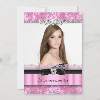 Rosa und schwarze Spitzen Foto Quinceanera Einladu Einladung