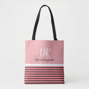Rosa und schwarze Streifen mit Namen und Initialen Tasche