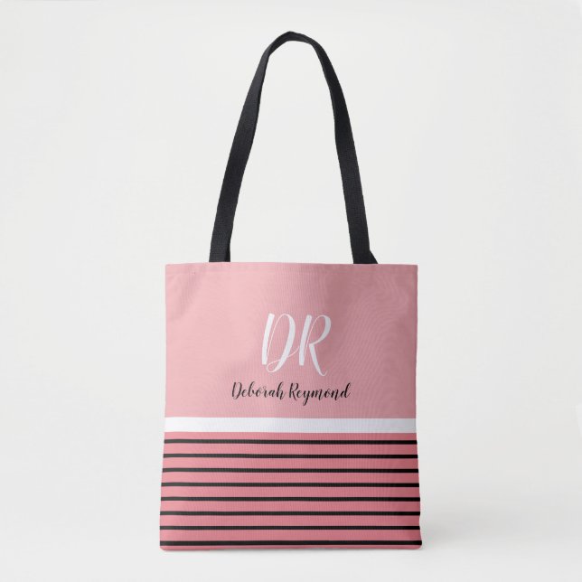 Rosa und schwarze Streifen mit Namen und Initialen Tasche (Vorderseite)