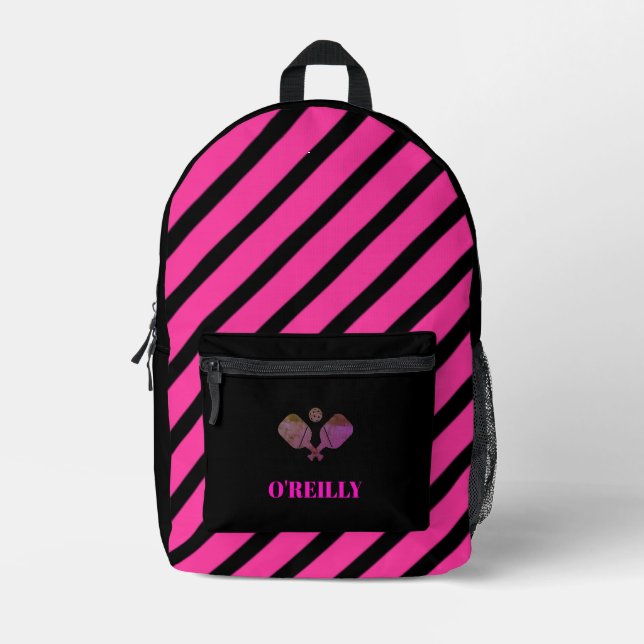 Rosa und schwarze Streifen Modernes Monogramm-Pick Bedruckter Rucksack (Vorderseite)