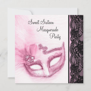 Rosa und schwarze süße Sechzehn-Masquerade-Party Einladung
