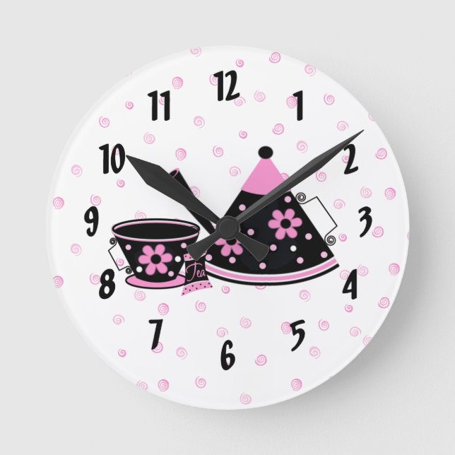 Rosa und schwarze Teekanne-Küchen-Uhr Runde Wanduhr (Vorderseite)