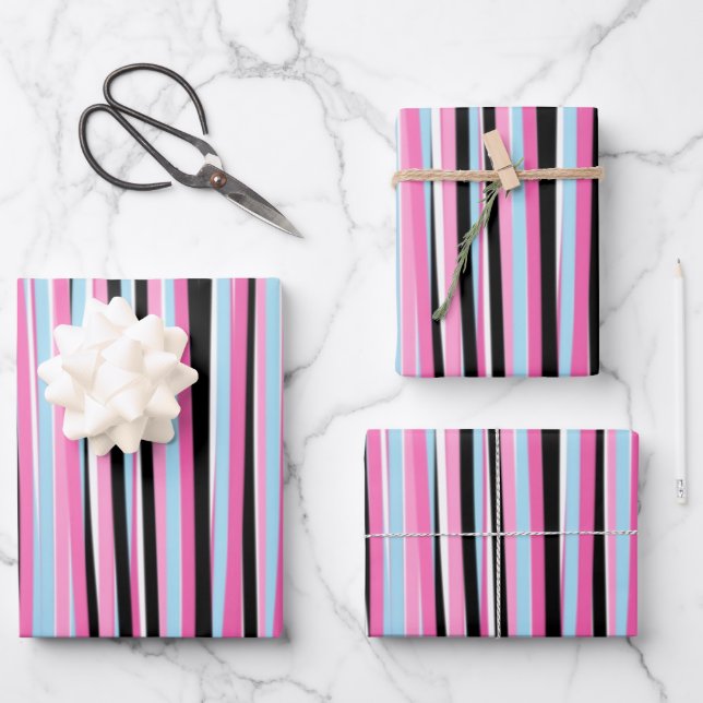 Rosa und schwarze vertikale Streifen Geschenkpapier Set (Vorderseite)
