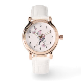 Rosa und schwarze Vögel auf einem Baumzweig Armbanduhr
