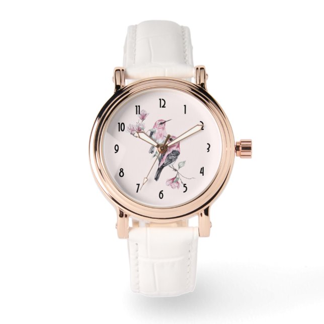 Rosa und schwarze Vögel auf einem Baumzweig Armbanduhr (Vorderseite)