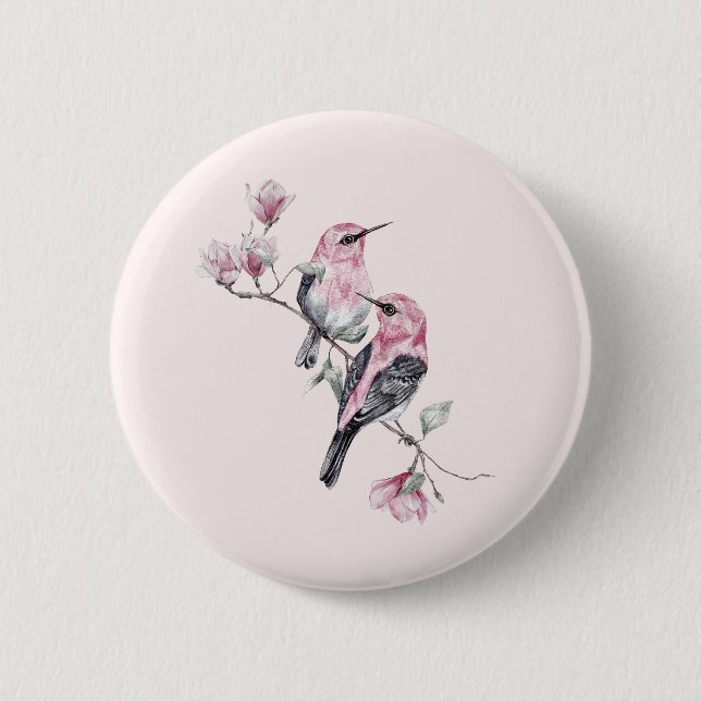 Rosa und schwarze Vögel auf einem Baumzweig Button (Vorderseite)