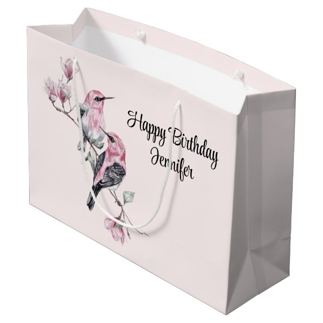 Rosa und schwarze Vögel auf einem Baumzweig Geburt Große Geschenktüte (Rückseite Schrägansicht)