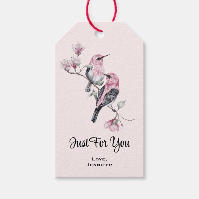 Rosa und schwarze Vögel auf einem Baumzweig Geschenkanhänger (Vorderseite)