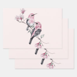 Rosa und schwarze Vögel auf einem Baumzweig Geschenkpapier Set
