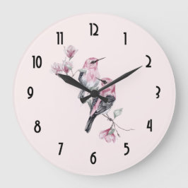 Rosa und schwarze Vögel auf einem Baumzweig Große Wanduhr